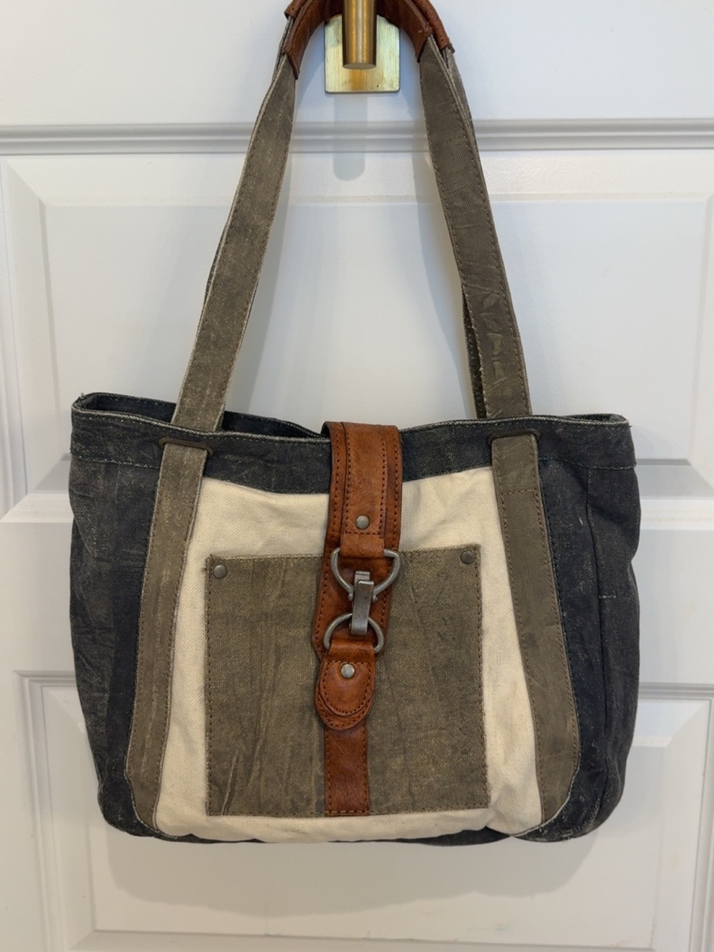Canvas and Leather Tote Bag in Black, Cream & Brown